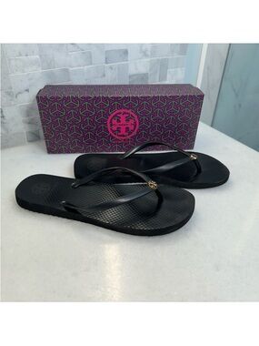 Tory Burch Black Flip Flop Sandals with Gold Logo Accent